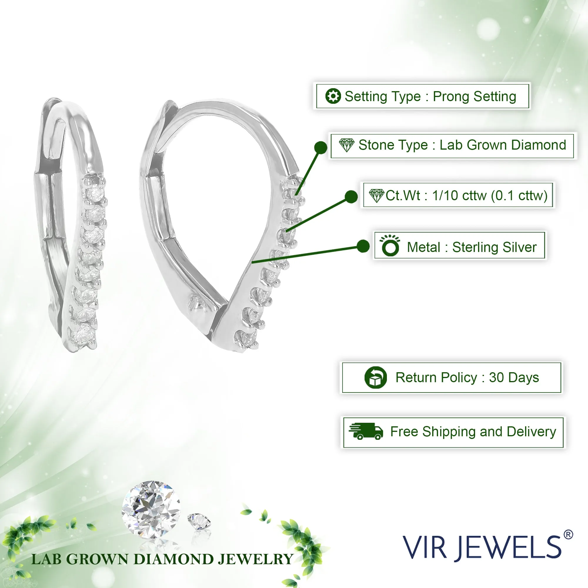 1/10 cttw Round Lab Grown Diamond Hoop Earrings .925 Sterling Silver Prong Set 1/2 Inch