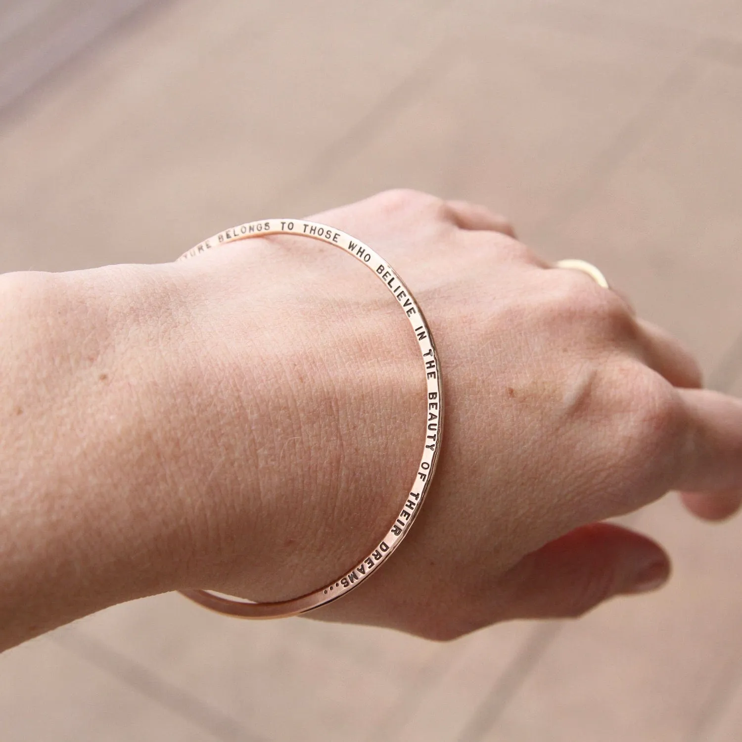 14k Rose Gold Flat Hand Stamped Bangle ~ "The future belongs to those who believe..."