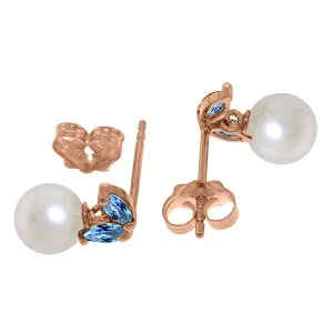 14K Solid Rose Gold Stud Earrings w/ Pearls & Blue Topaz