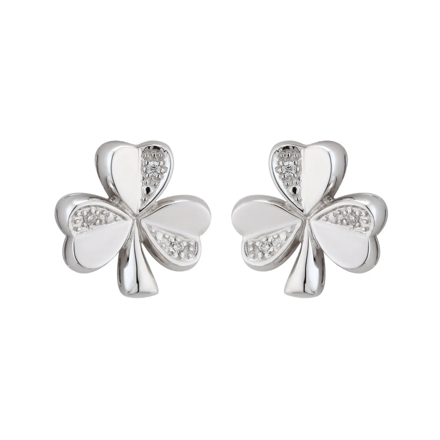 14K White Gold Diamond Shamrock Stud Earrings