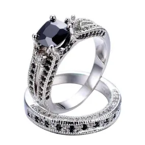 18K White Gold Plated Midnight Rendezvous Black CZ Solitaire Engagement Ring Set for Woman