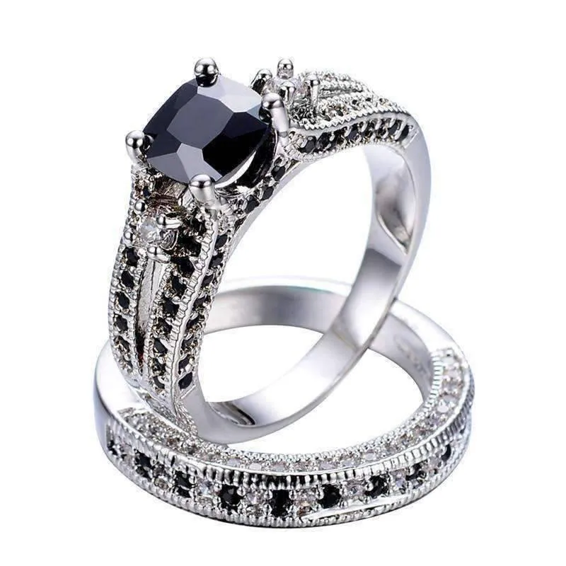18K White Gold Plated Midnight Rendezvous Black CZ Solitaire Engagement Ring Set for Woman