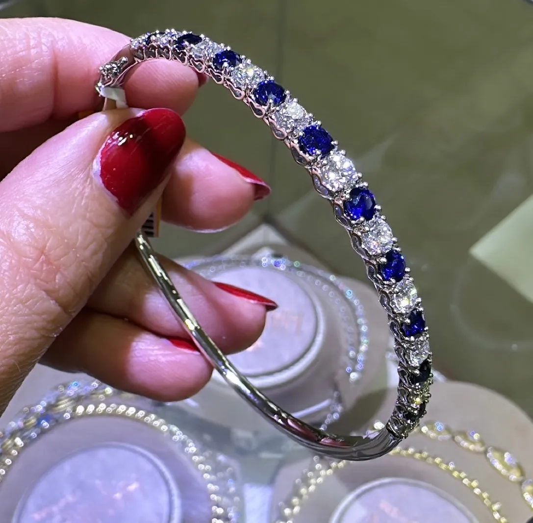 3.43ct t.w. Round Brilliant Cut Diamond and Sapphire Prong Set Bangle