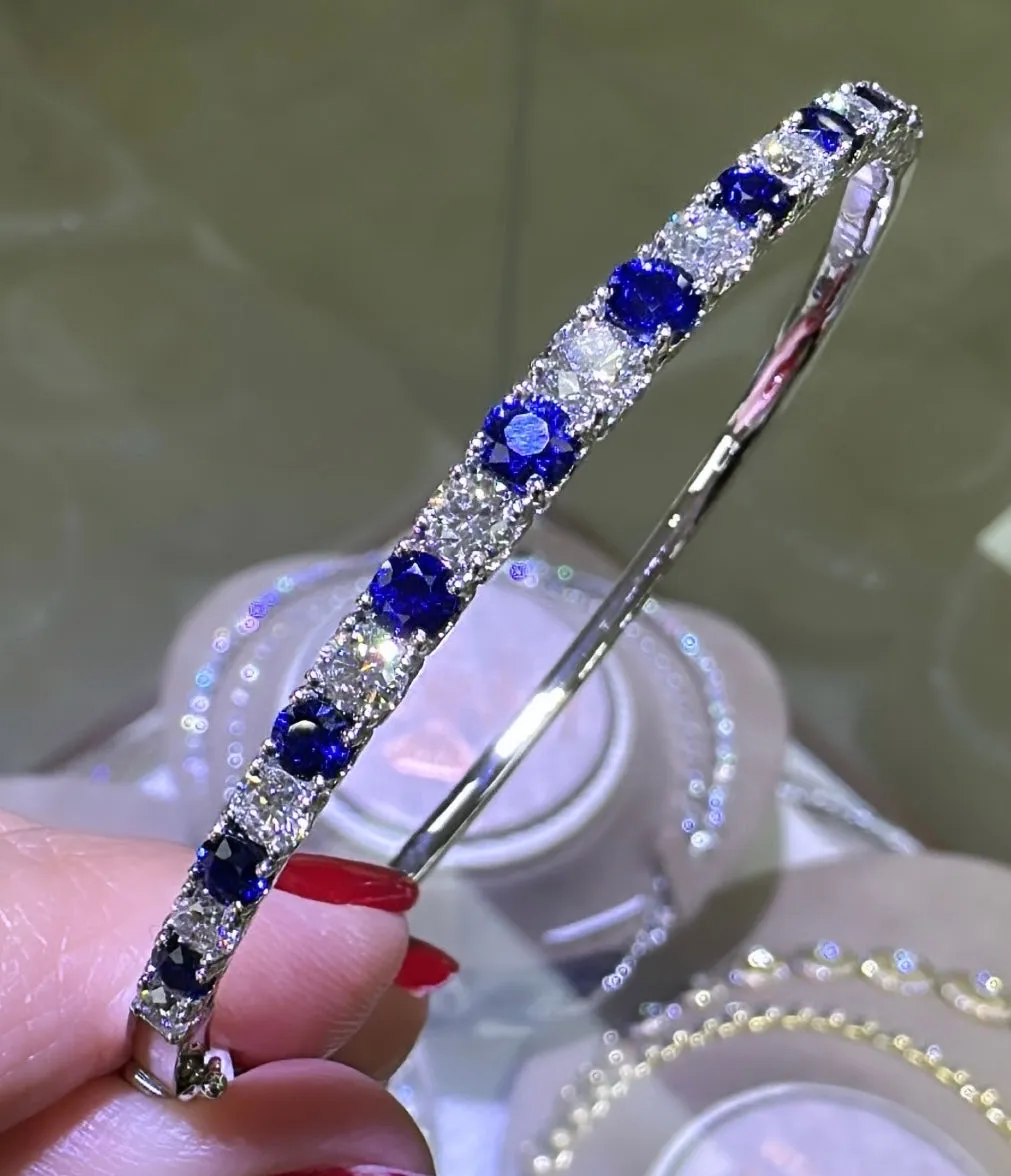 3.43ct t.w. Round Brilliant Cut Diamond and Sapphire Prong Set Bangle