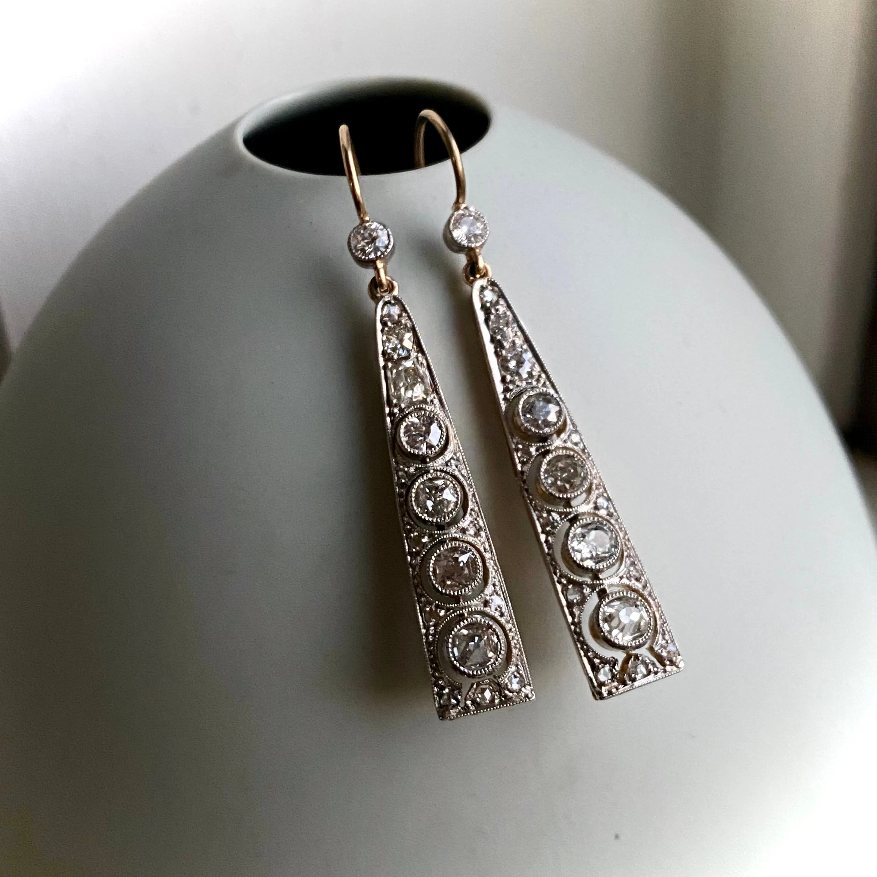 Antique Art Deco Platinum/Gold Graduated Diamond Earrings