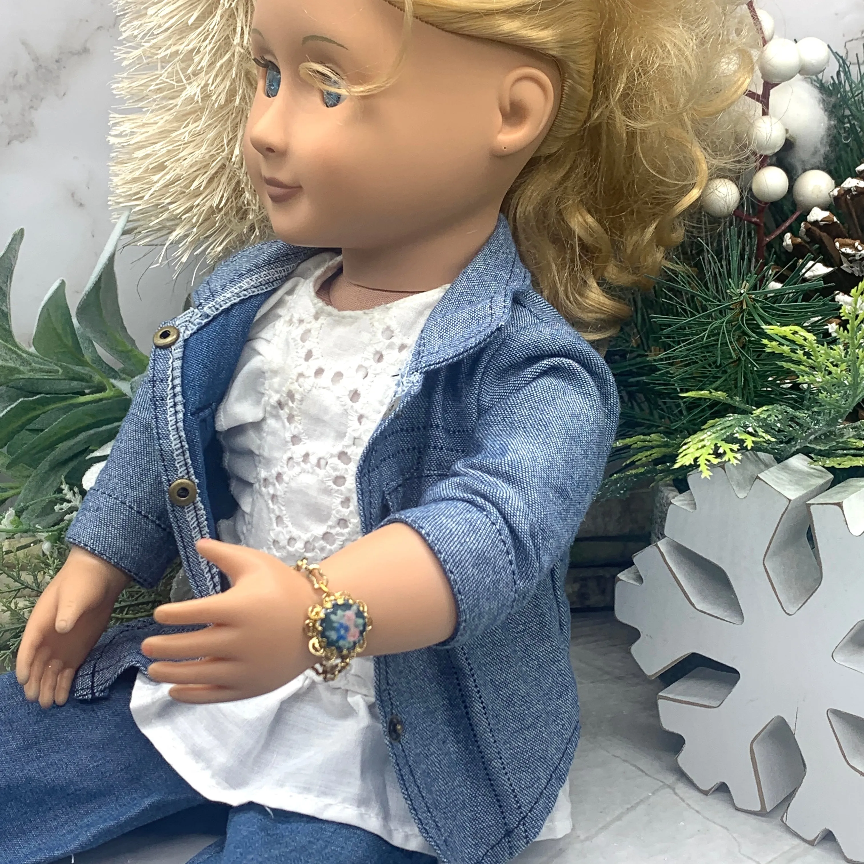 Blue Flower Rose Design Gold Filigree & Chain Doll Bracelet • 18” Doll Jewelry