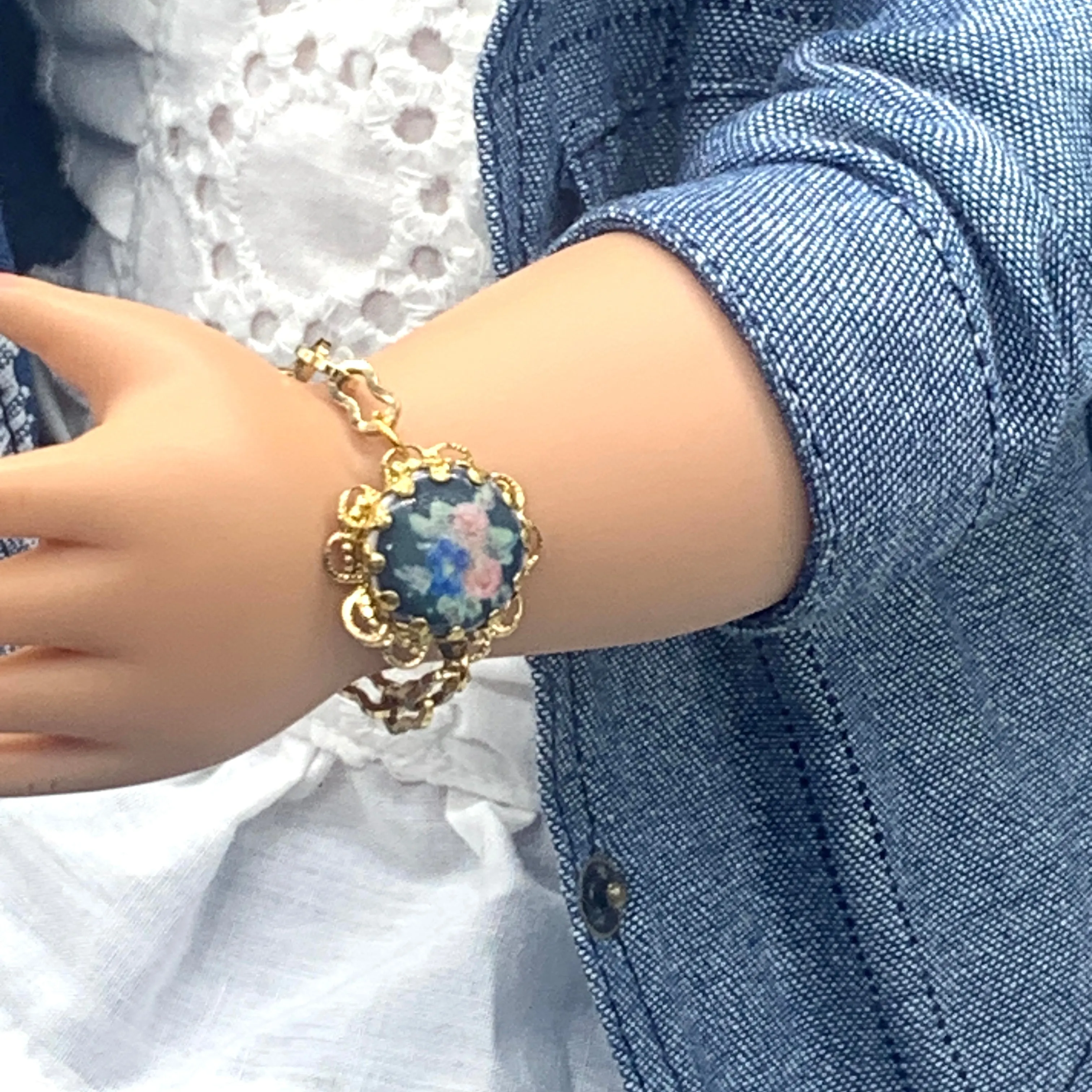 Blue Flower Rose Design Gold Filigree & Chain Doll Bracelet • 18” Doll Jewelry