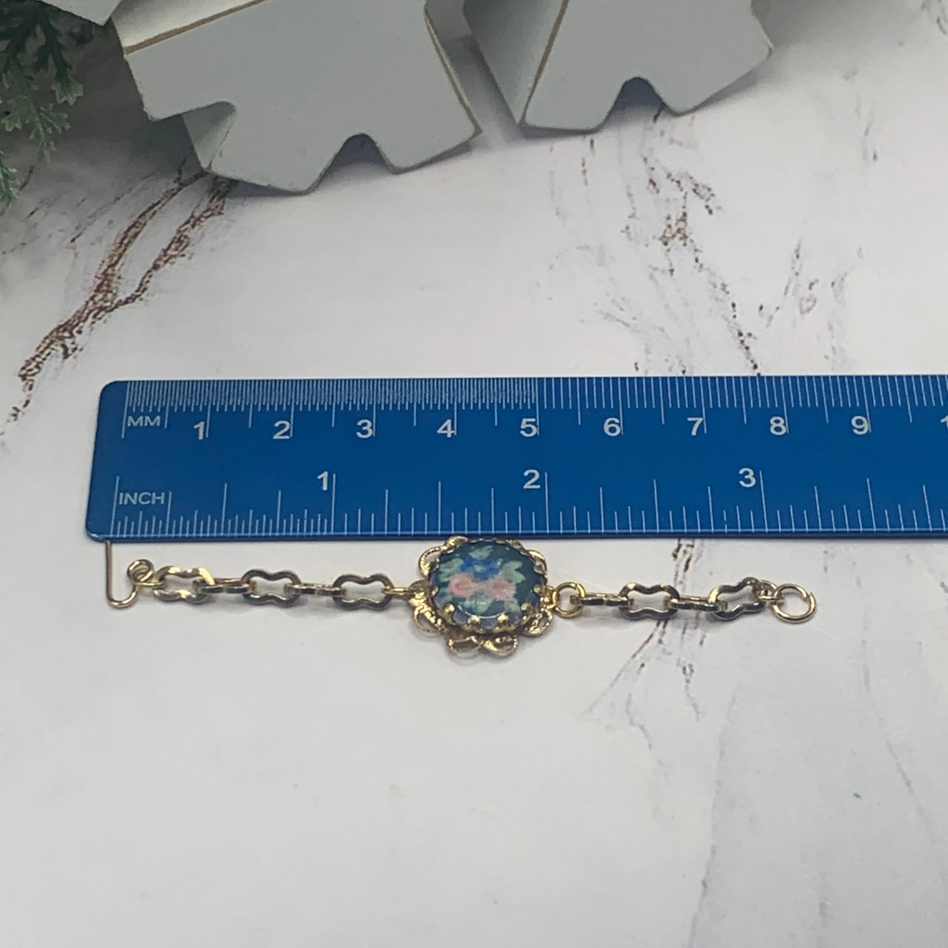 Blue Flower Rose Design Gold Filigree & Chain Doll Bracelet • 18” Doll Jewelry