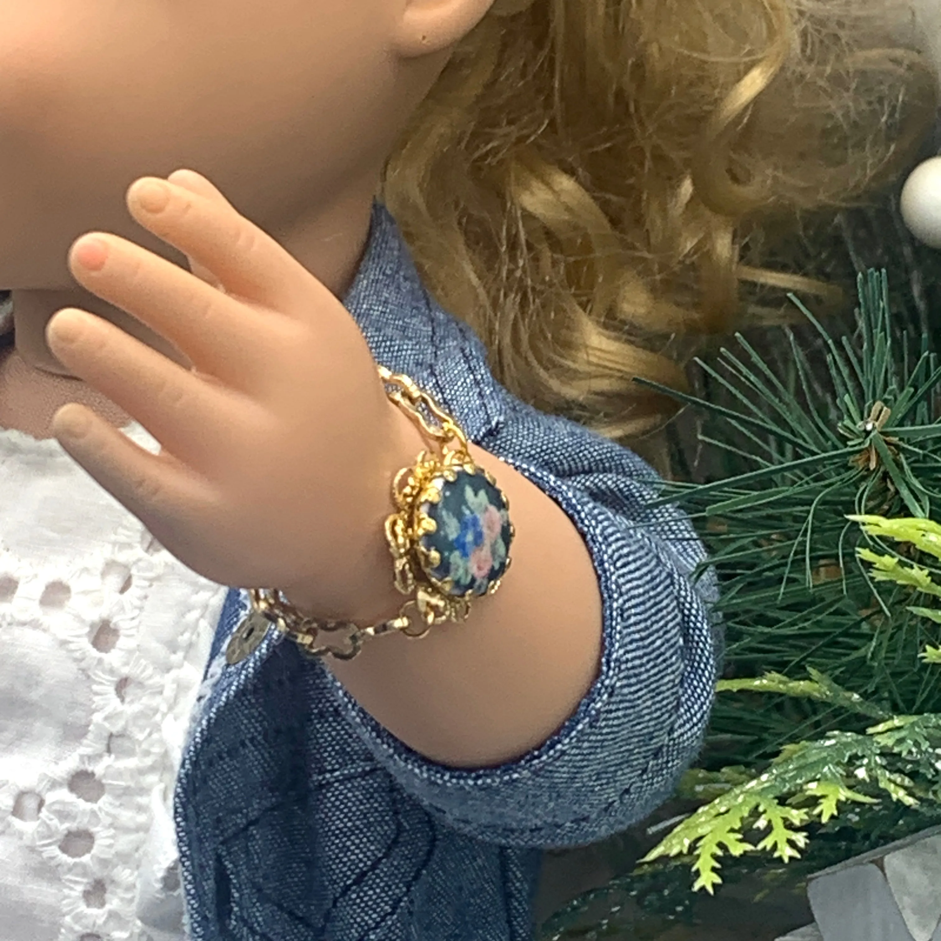 Blue Flower Rose Design Gold Filigree & Chain Doll Bracelet • 18” Doll Jewelry