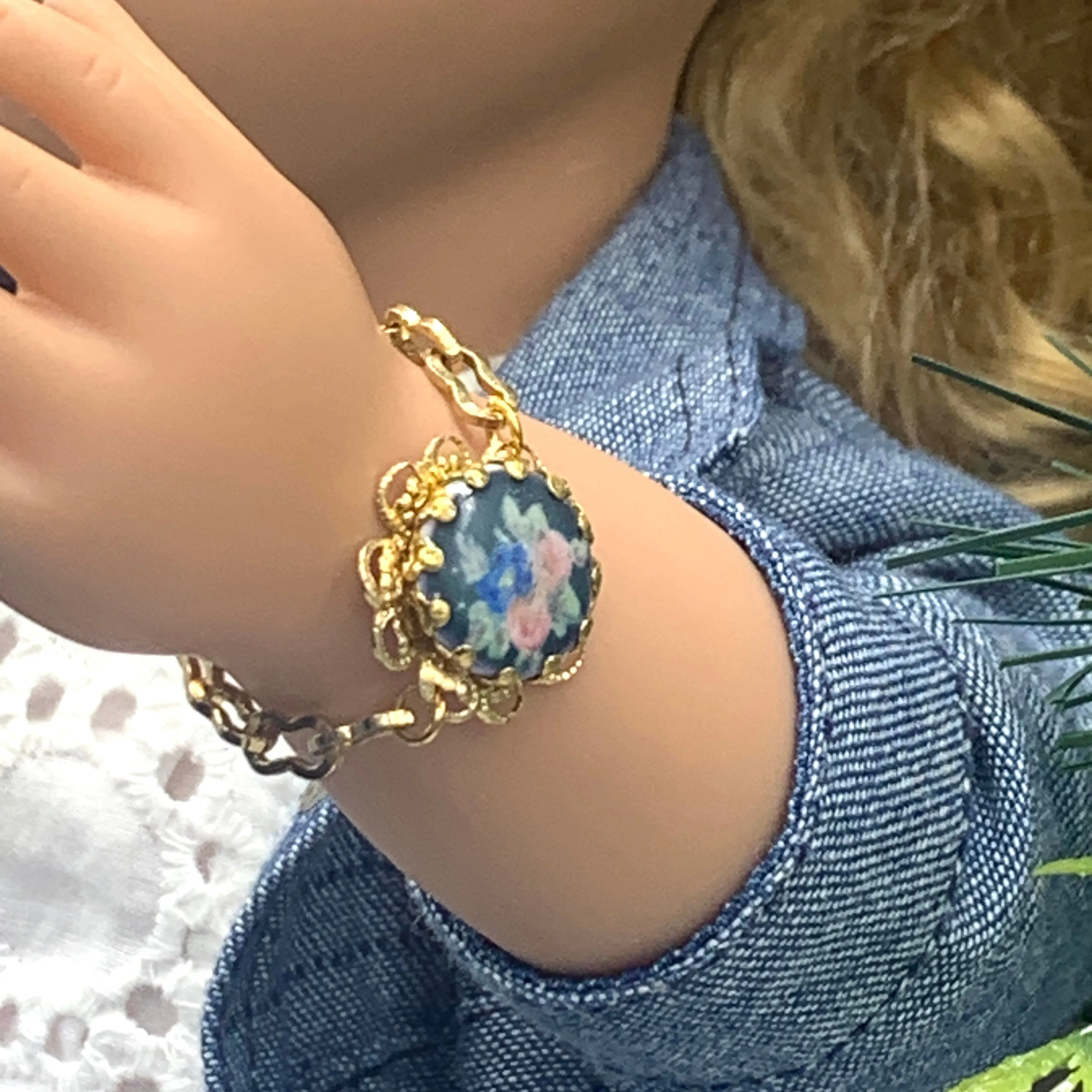 Blue Flower Rose Design Gold Filigree & Chain Doll Bracelet • 18” Doll Jewelry