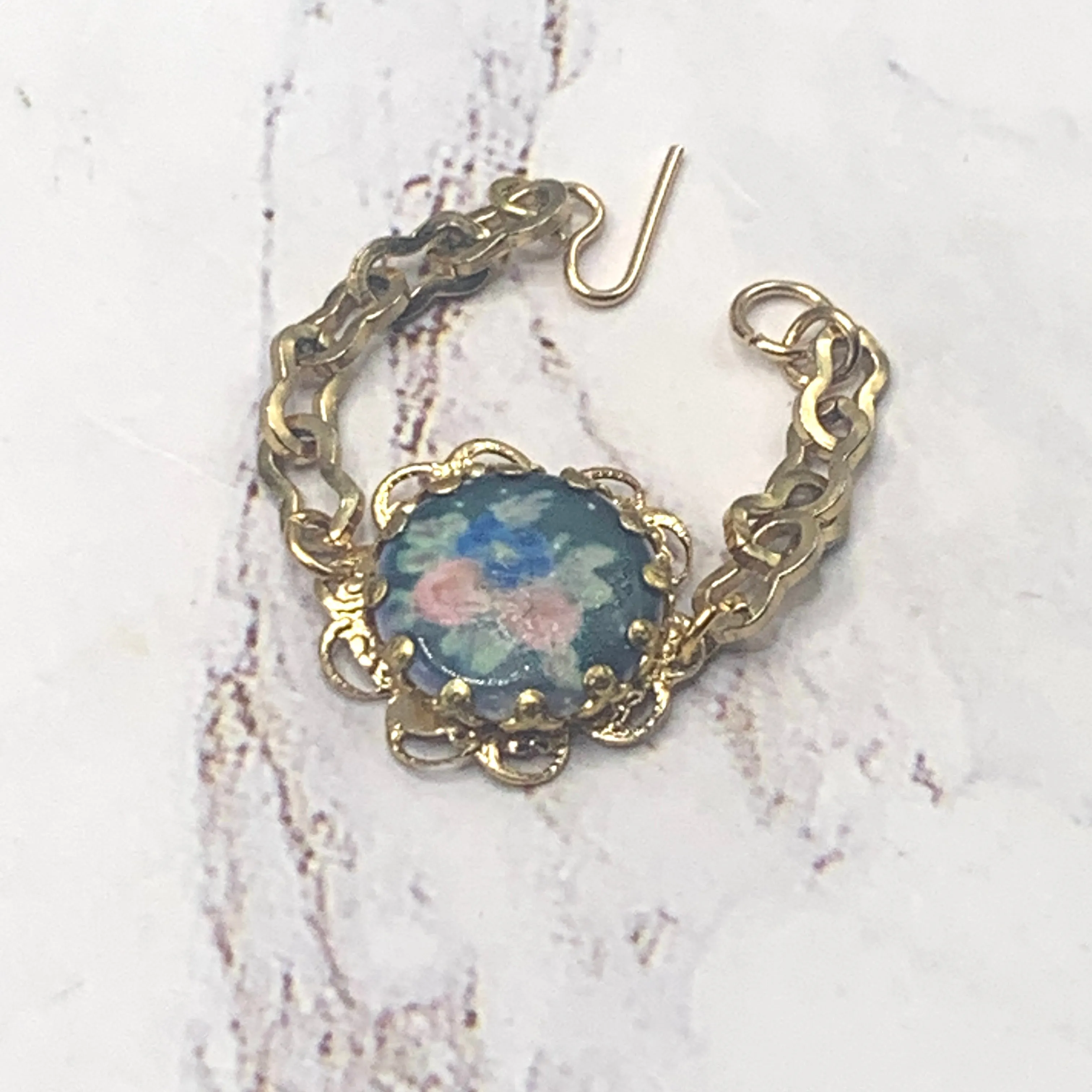 Blue Flower Rose Design Gold Filigree & Chain Doll Bracelet • 18” Doll Jewelry