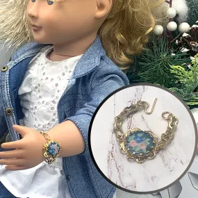 Blue Flower Rose Design Gold Filigree & Chain Doll Bracelet • 18” Doll Jewelry