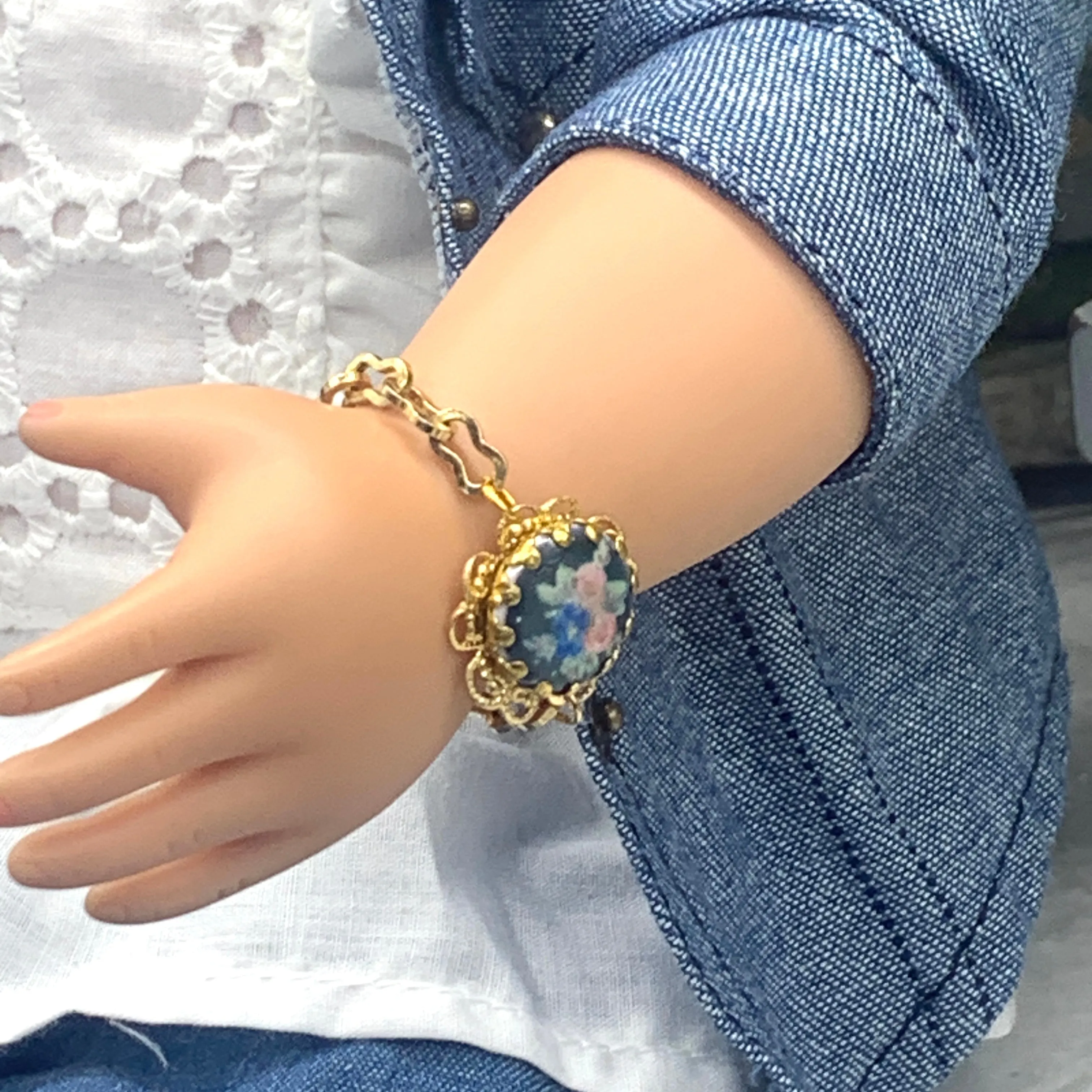 Blue Flower Rose Design Gold Filigree & Chain Doll Bracelet • 18” Doll Jewelry