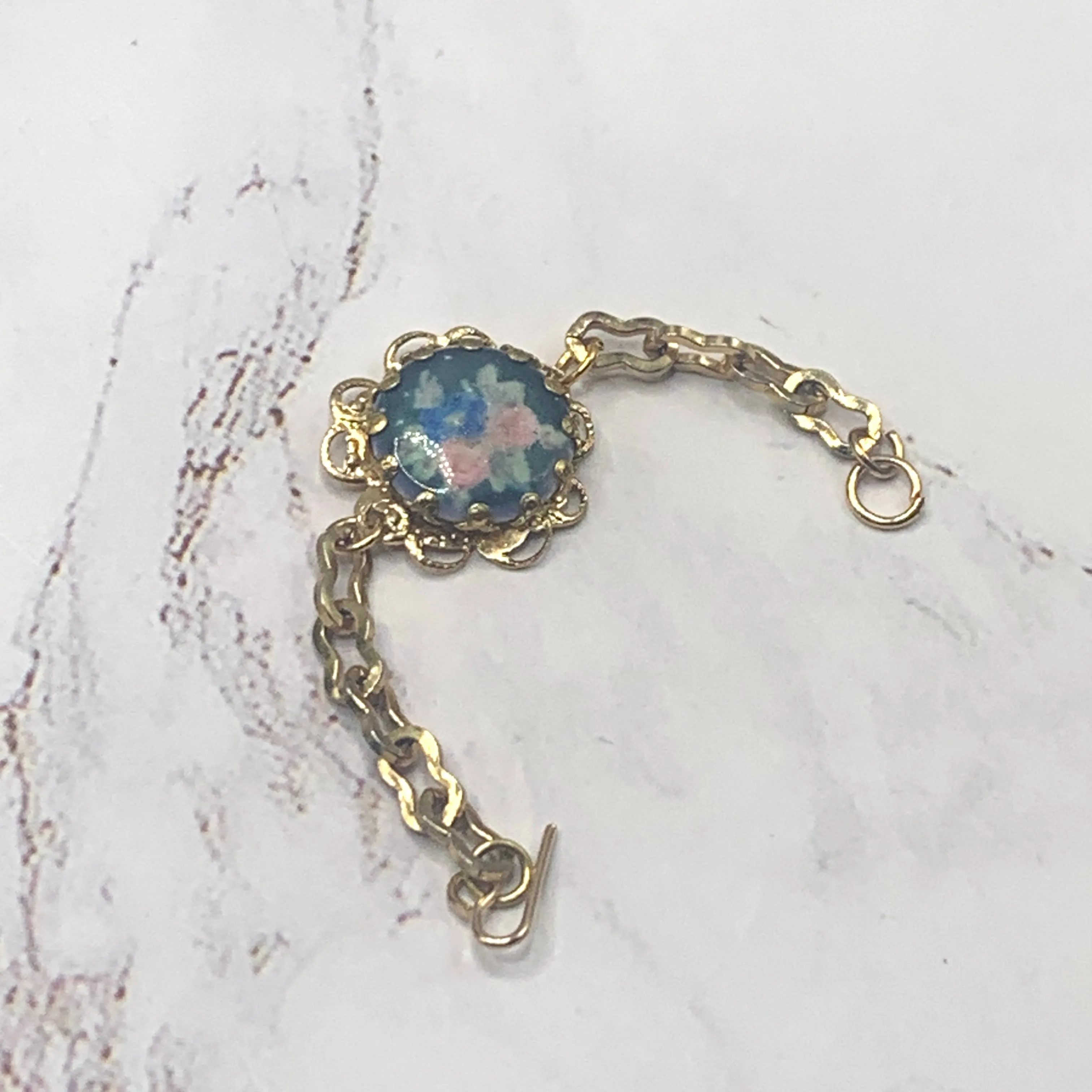 Blue Flower Rose Design Gold Filigree & Chain Doll Bracelet • 18” Doll Jewelry