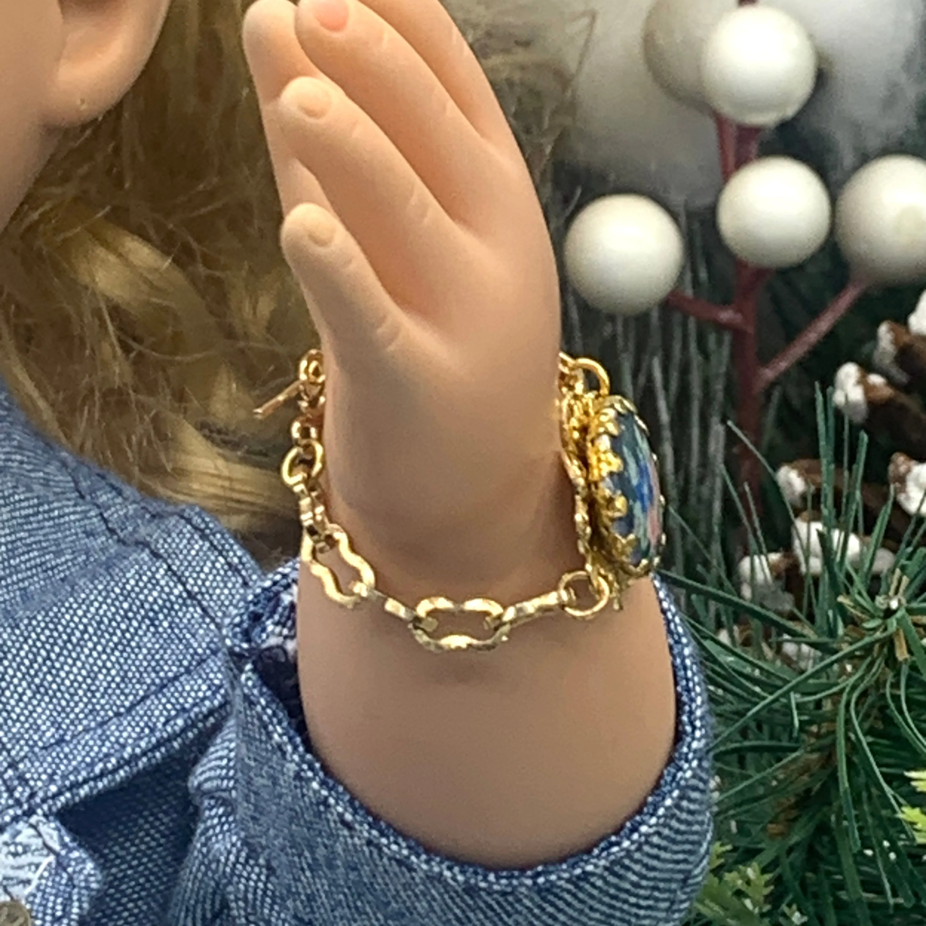 Blue Flower Rose Design Gold Filigree & Chain Doll Bracelet • 18” Doll Jewelry