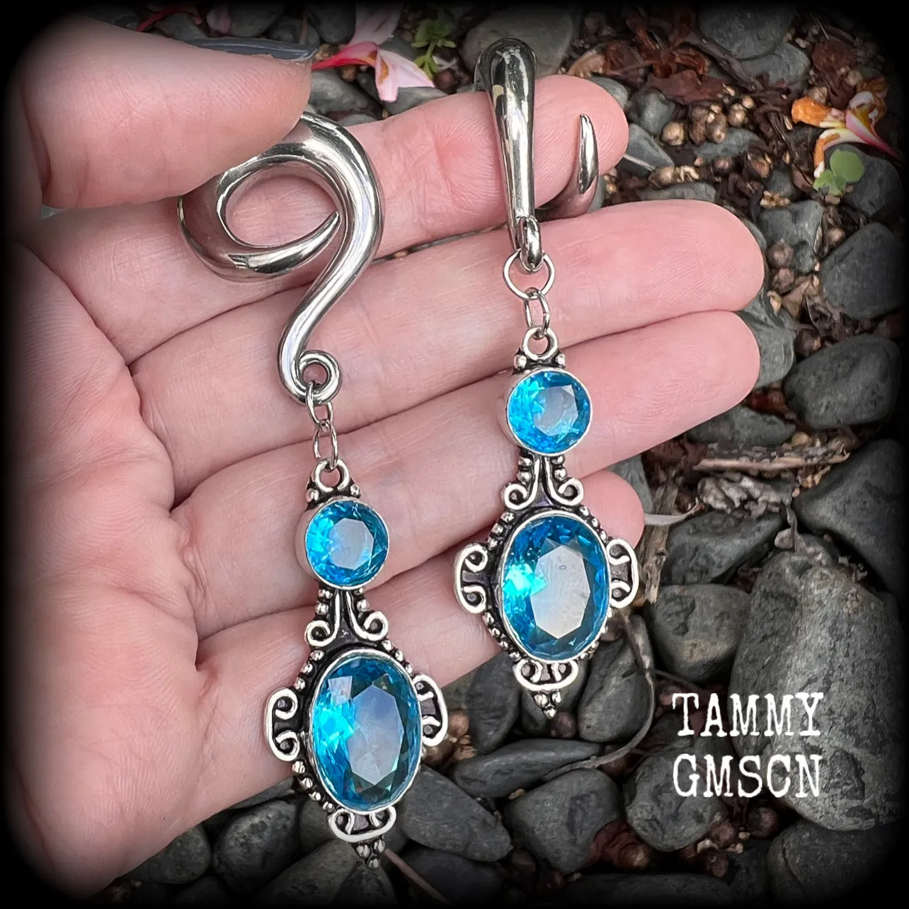Blue topaz boho gauged earrings-Gemstone ear weights