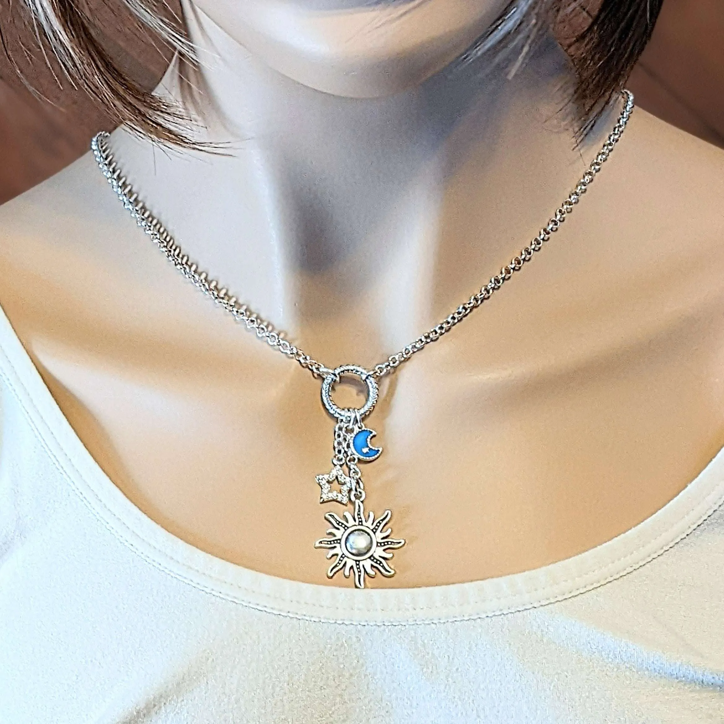 Celestial Sun Silver Charm Keeper Necklace - 18-24 inch