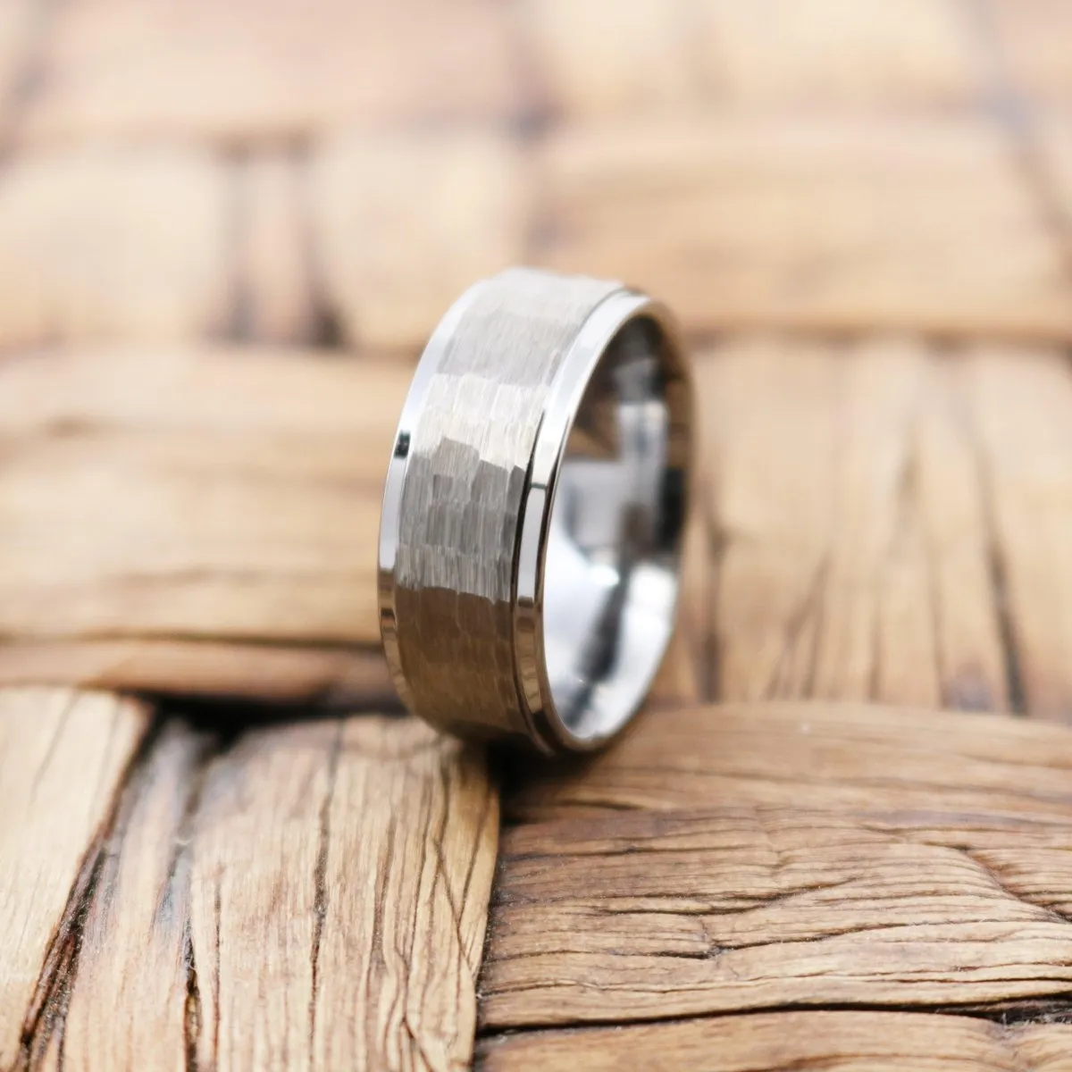 CLAN | Silver Tungsten Ring, Hammered, Stepped Edge