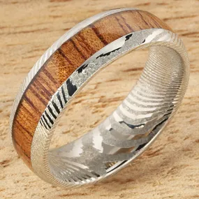 Damascus Steel Natural Koa Wood Oval Wedding Ring 6mm