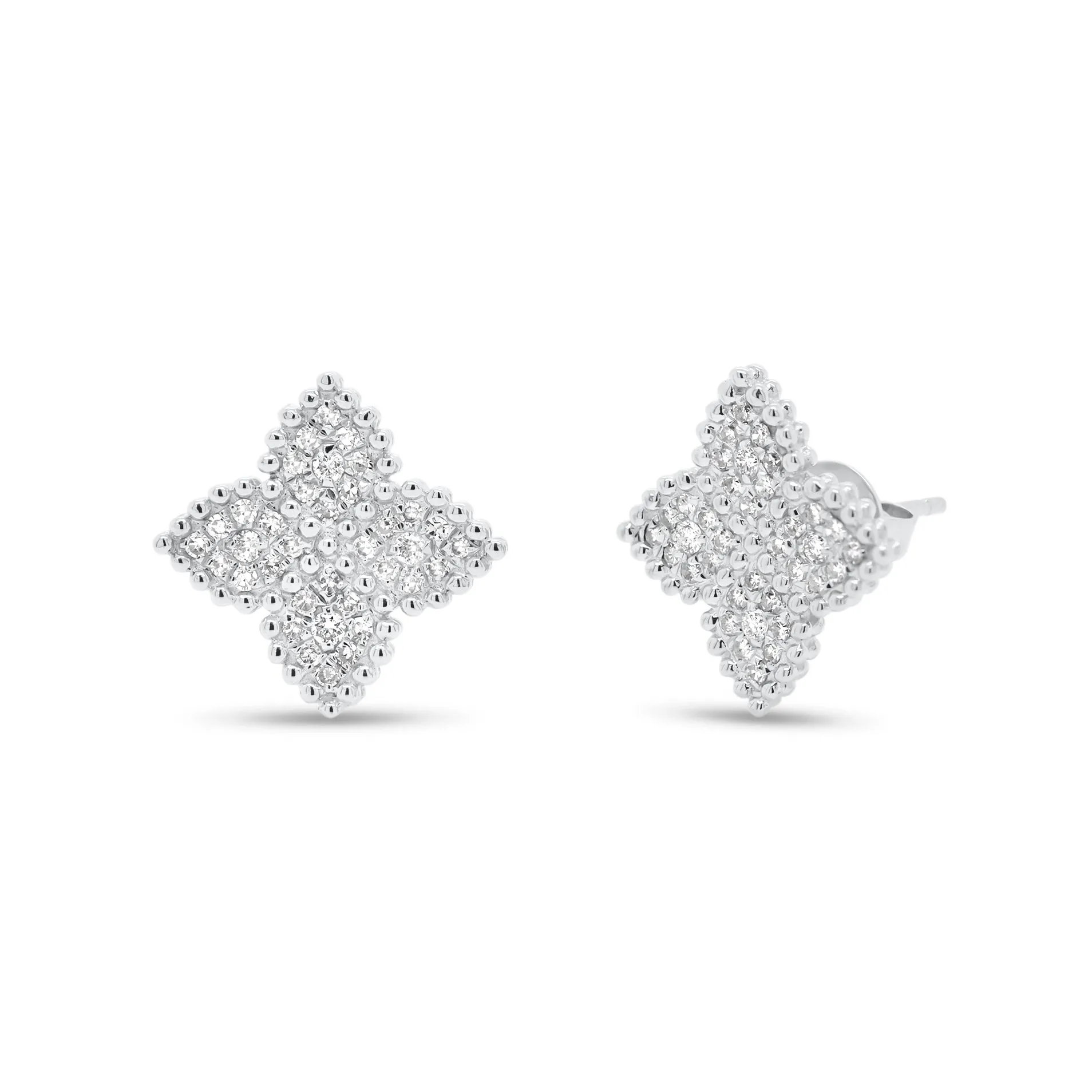 Diamond Flower Stud Earrings with Beaded Gold