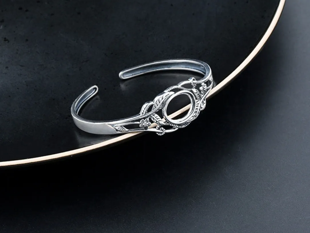 Ethnic Flower Pattern Mount Bracelet Blank Setting Sterling Silver Fine 925 12x15mm For One Stone Adjustable No Prongs DIY Jewelry Wholesale