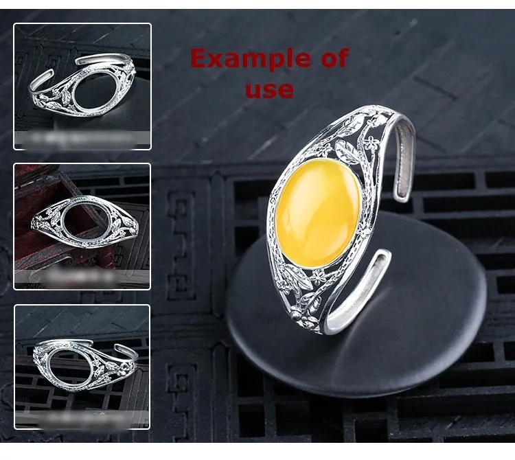Ethnic Leaf Pattern Oval Mount Bracelet Setting Sterling Silver Fine 925 26x21mm For One Stone Adjustable No Prongs DIY Jewelry Wholesale