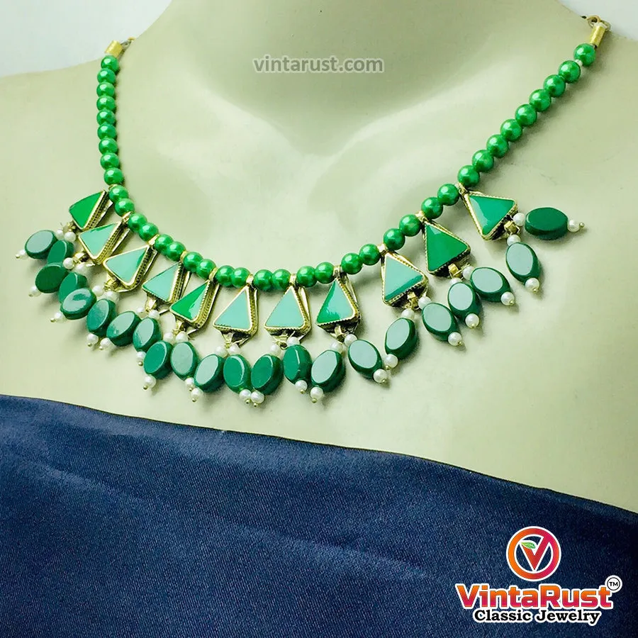 Green Beaded Stone and Small Pearls Necklace