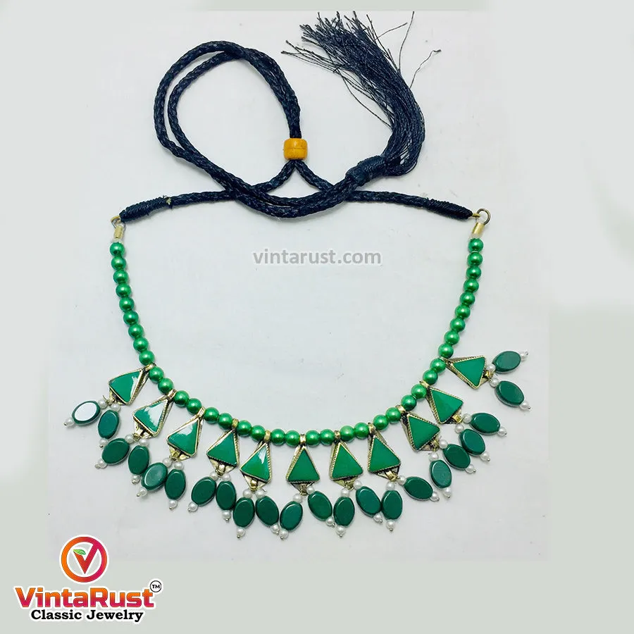 Green Beaded Stone and Small Pearls Necklace