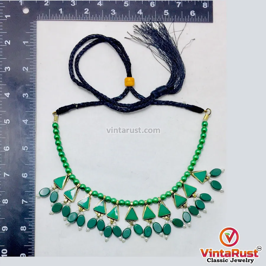 Green Beaded Stone and Small Pearls Necklace