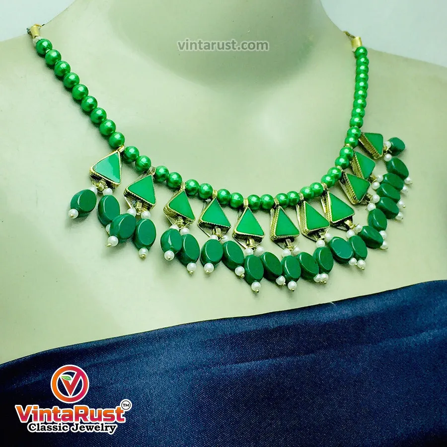 Green Beaded Stone and Small Pearls Necklace