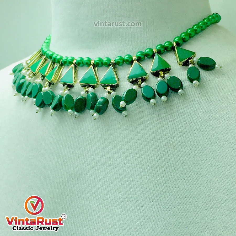 Green Beaded Stone and Small Pearls Necklace