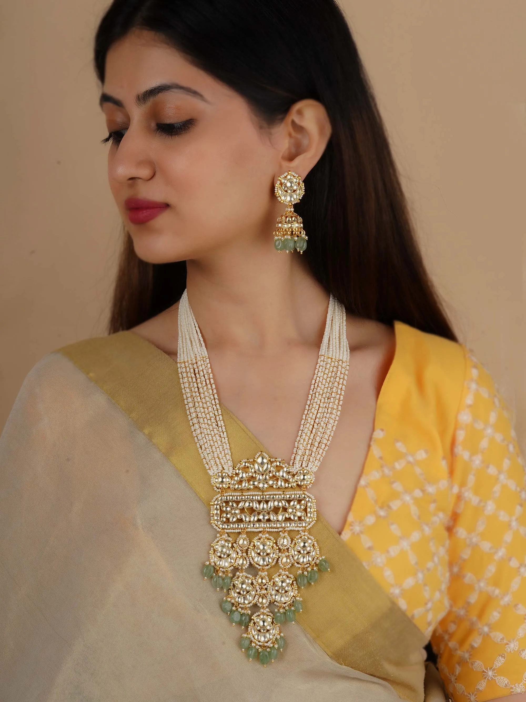 Green Color Gold Plated Jadau Kundan Necklace Set - MS2203Y