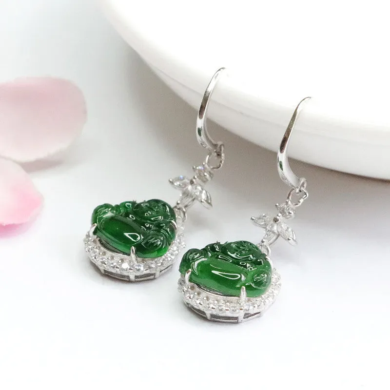 Ice Emperor Green Buddha Jade Sterling Silver Earrings