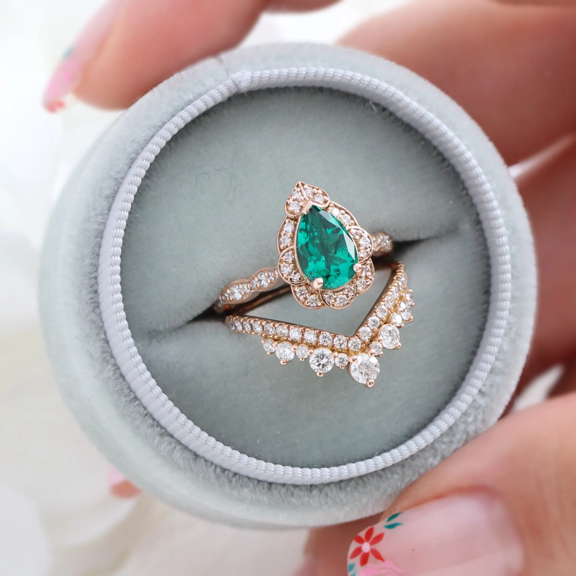 Large Pear Emerald Diamond Ring in Vintage Floral Scalloped Band