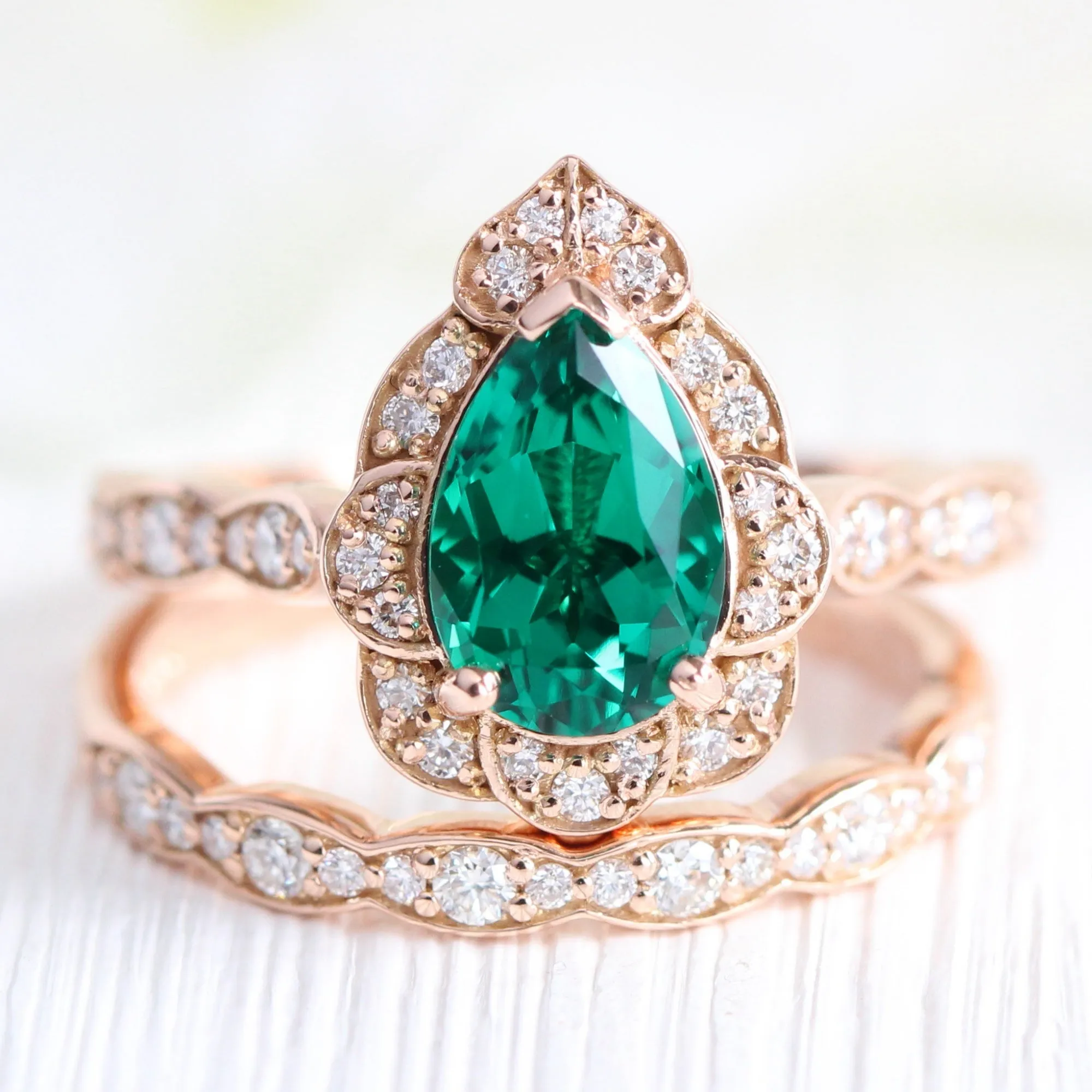 Large Pear Emerald Diamond Ring in Vintage Floral Scalloped Band