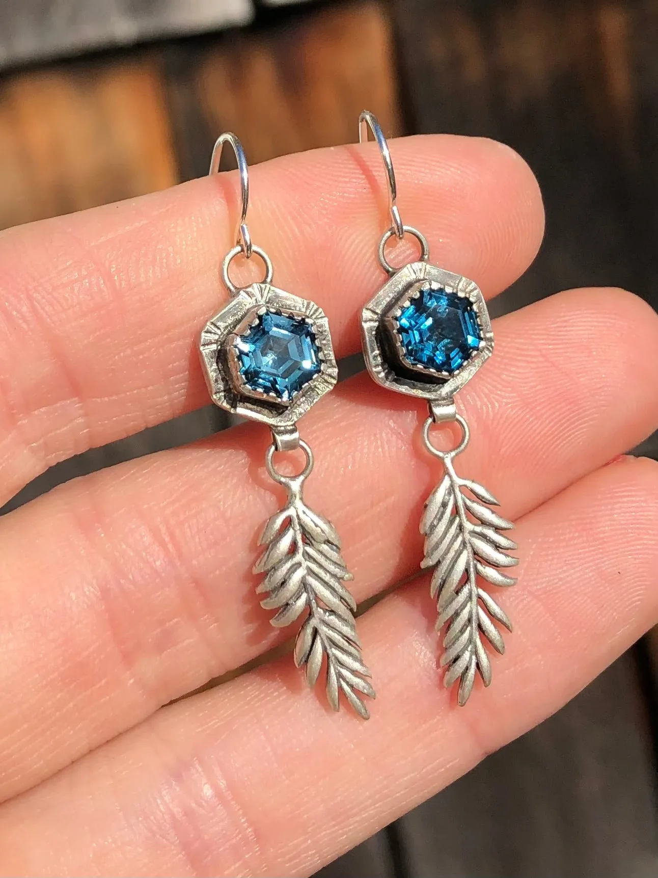 London Blue Topaz Hexagon Fern Earrings