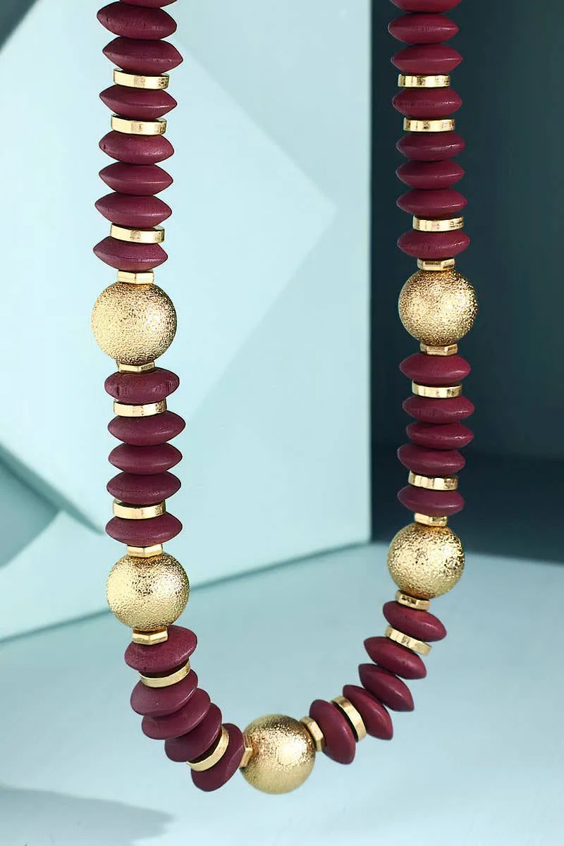 Metal & Wood Disk Bead Necklace