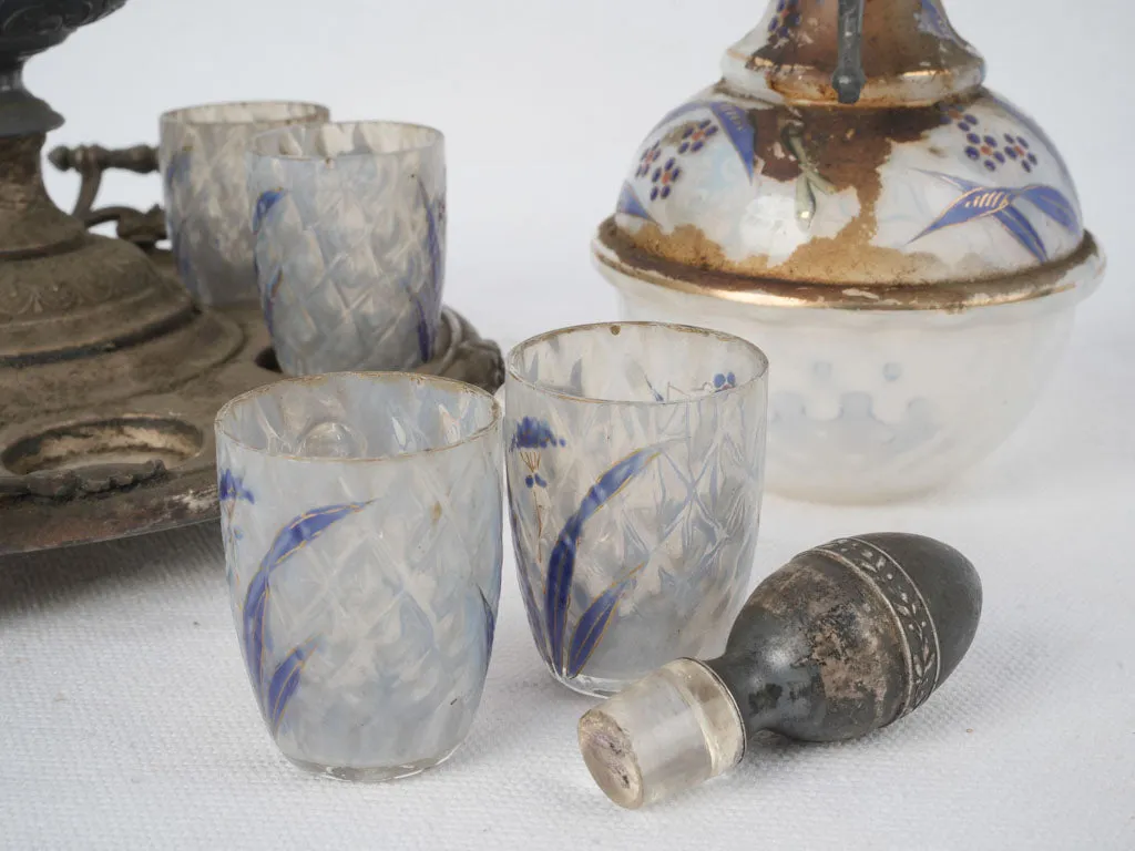 Napoleon III Liqueur service w/ painted blue glasses