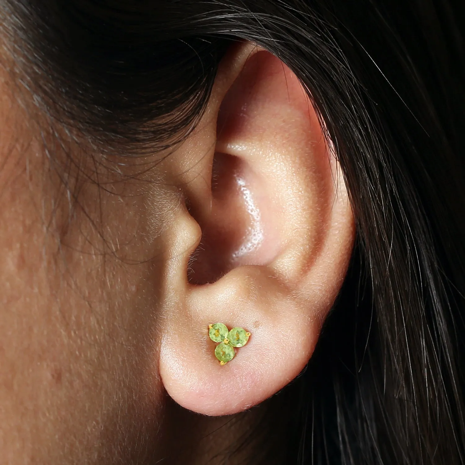 Natural Peridot Three Stone 10k Yellow Gold Stud Earrings