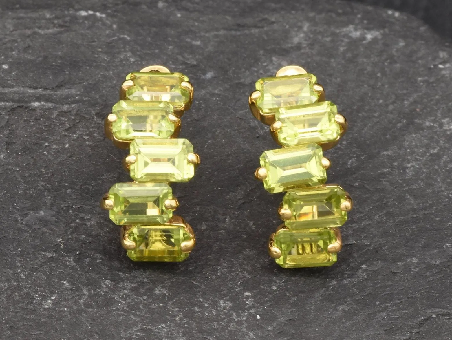 Peridot Baguette Gold Earrings, Peridot Long Earrings, Natural Peridot Earrings