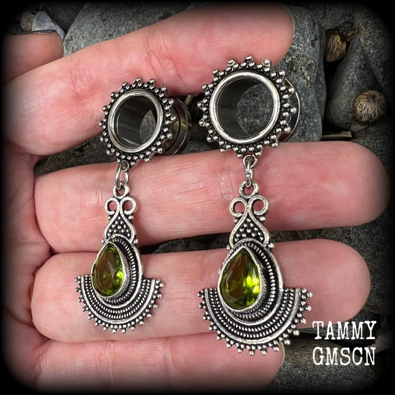 Peridot tunnel dangles-Gemstone tunnel earrings