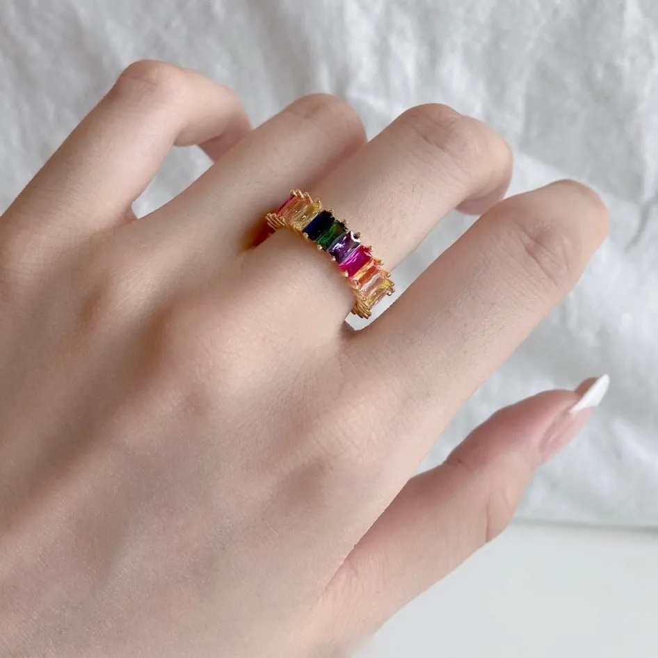 Rainbow Baguette Eternity Ring - Gold