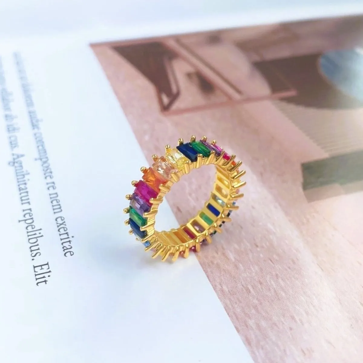 Rainbow Baguette Eternity Ring - Gold