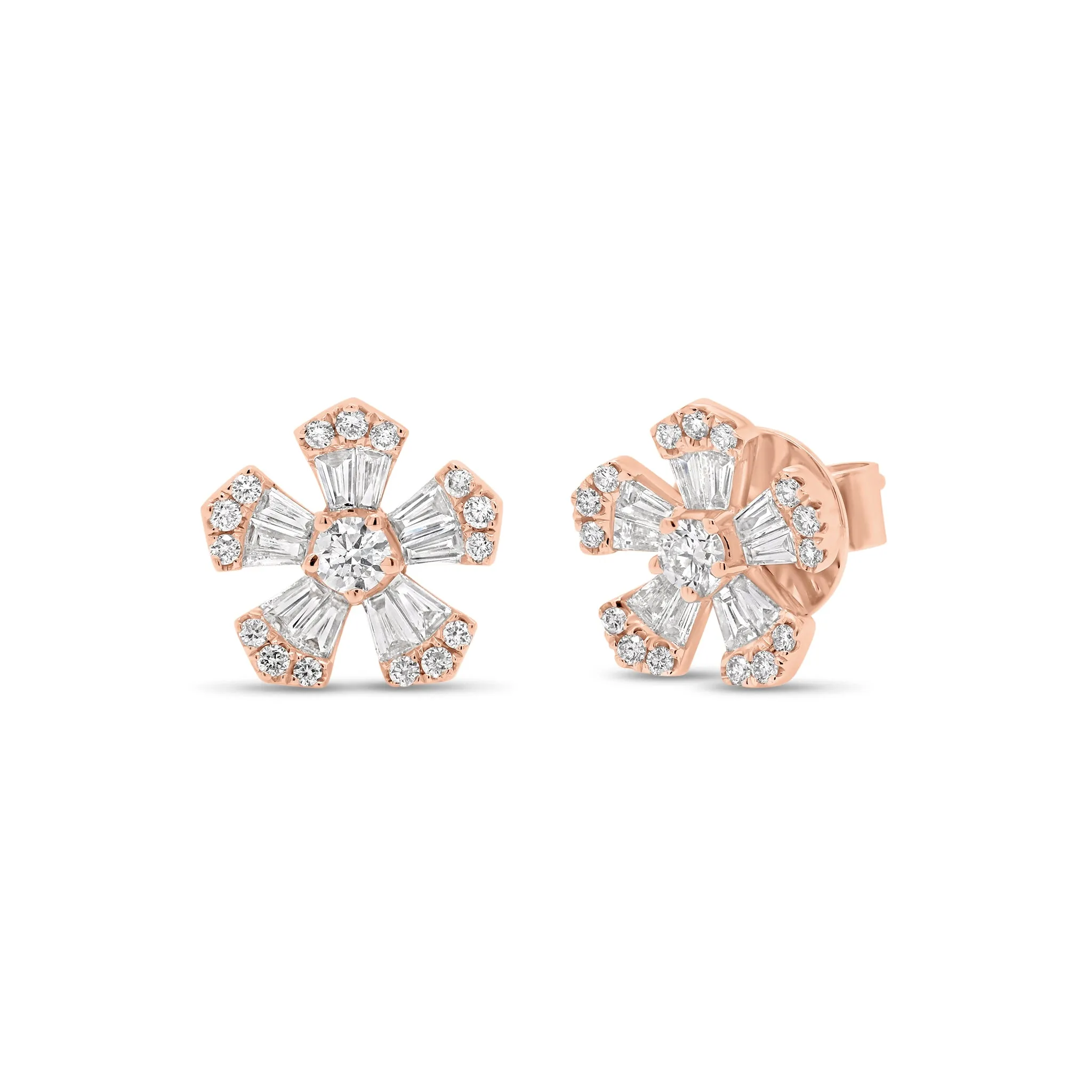 Round & Baguette Diamond Large Flower Stud Earrings