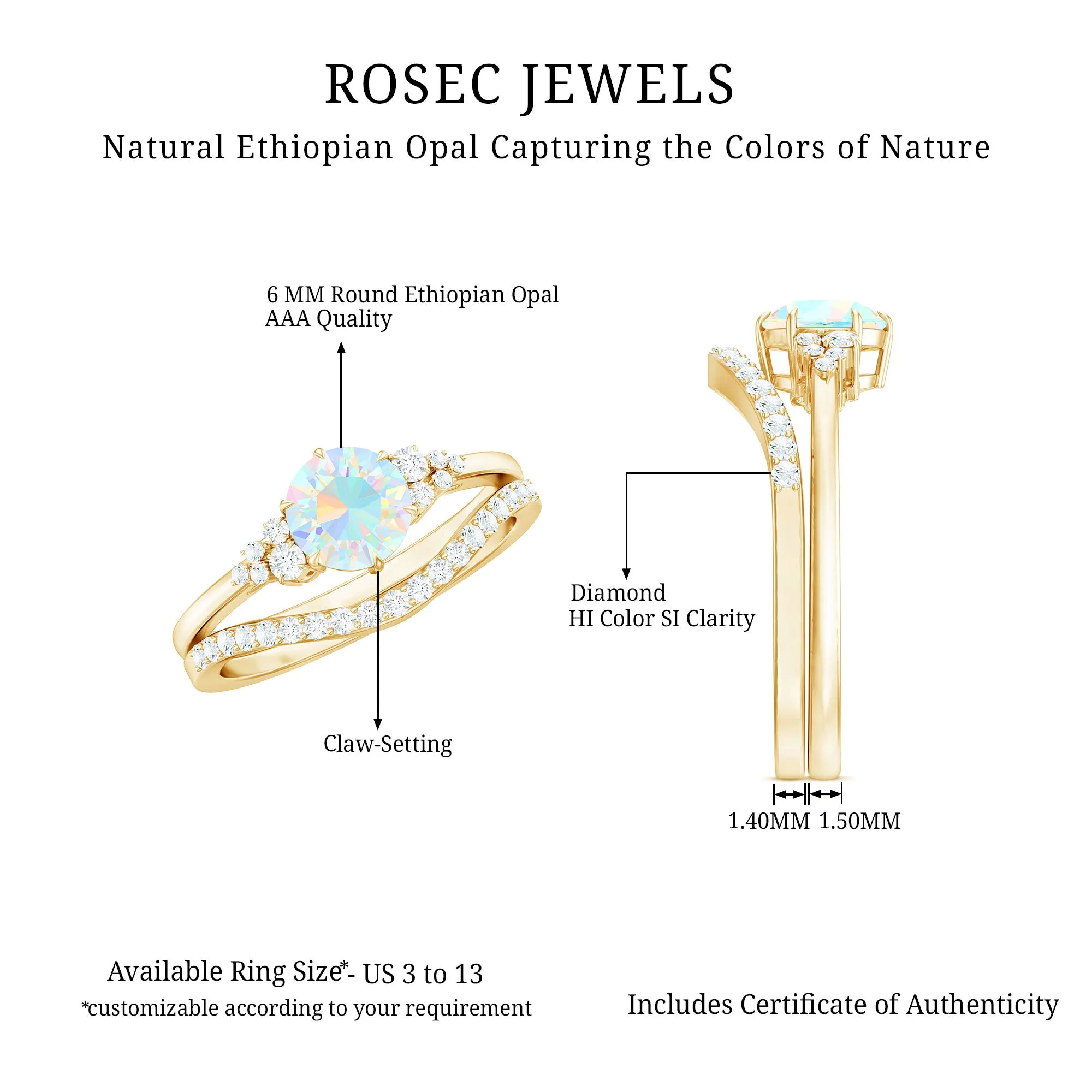 Round Ethiopian Opal and Diamond Bridal Ring Set