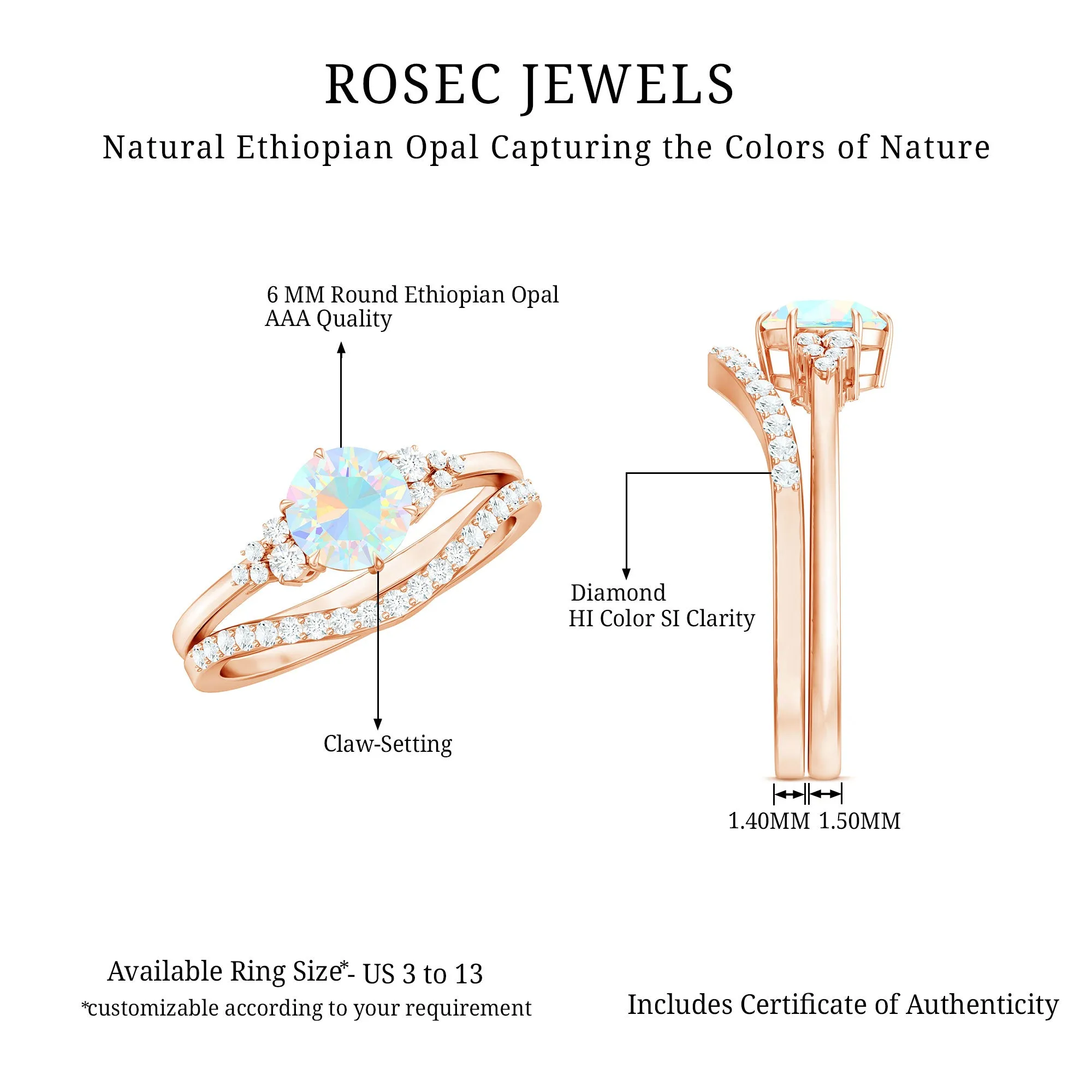 Round Ethiopian Opal and Diamond Bridal Ring Set