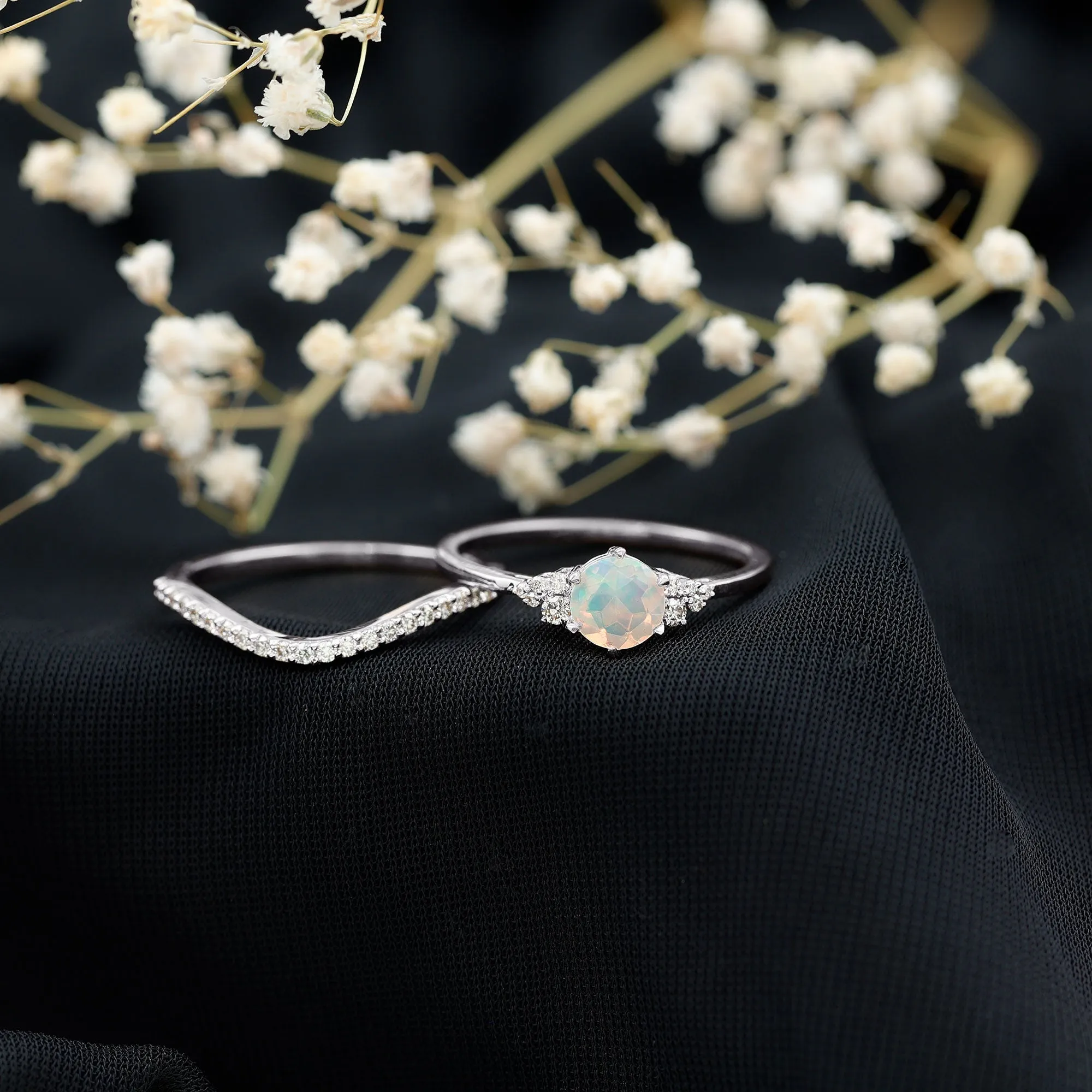 Round Ethiopian Opal and Diamond Bridal Ring Set