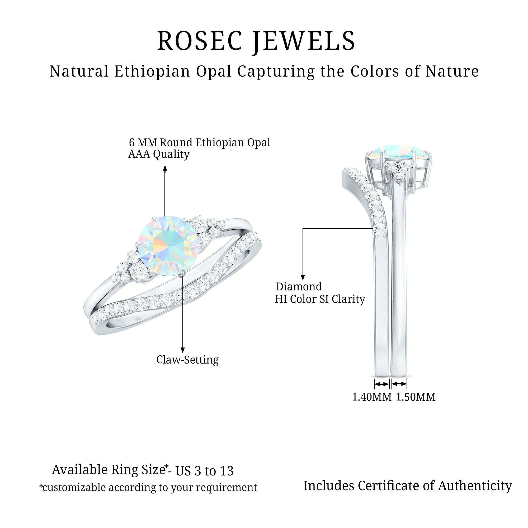 Round Ethiopian Opal and Diamond Bridal Ring Set