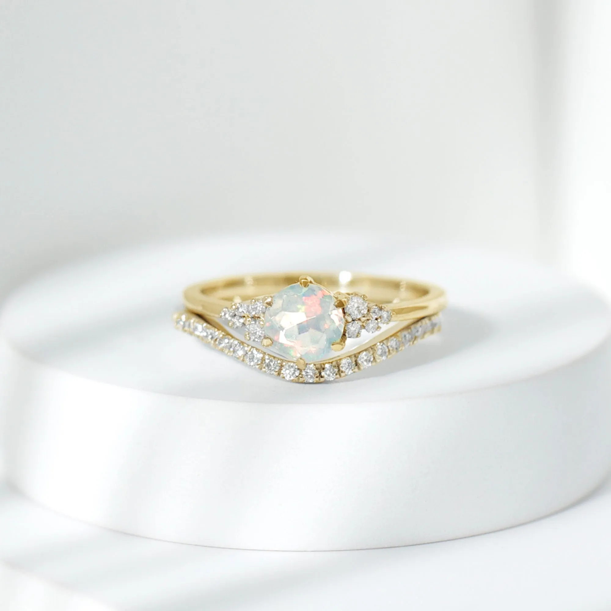 Round Ethiopian Opal and Diamond Bridal Ring Set