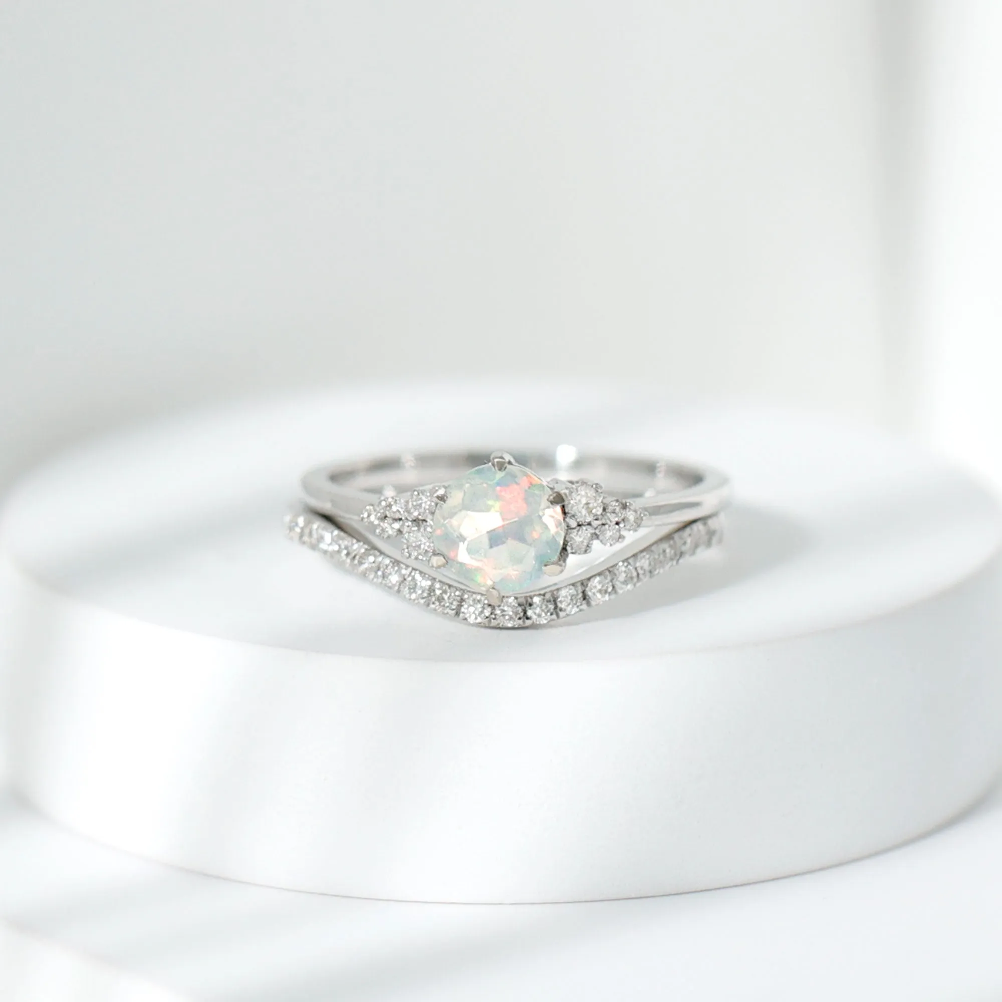 Round Ethiopian Opal and Diamond Bridal Ring Set